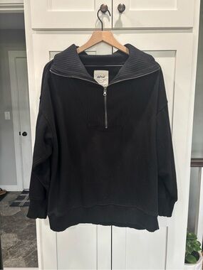 aerie Black Half-Zip Ribbed Collar Pullover Sweater